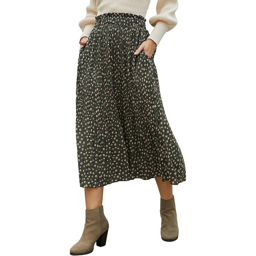 Exlura Green Floral Pleated Paperbag High Waisted Midi Skirt Pockets Large